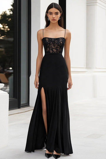 Black Sheath Chiffon Long Formal Dress with Lace
